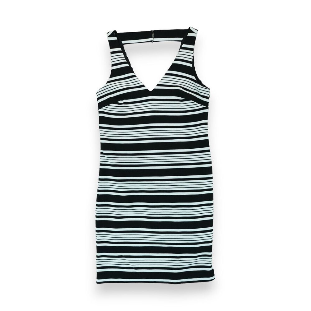 Betsey Johnson Sleeveless Midi Dress Size 4 Black &‎ White Stripe V Neck Stretch